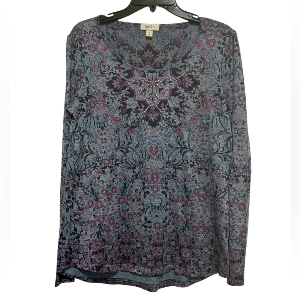 Floral Patterned Long Sleeve Top With Crystals